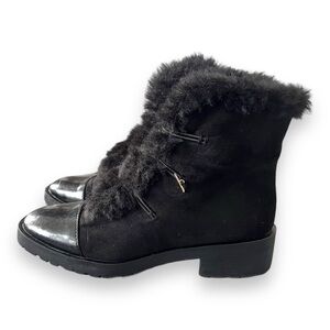 Nanette Lepore Black Vegan Suede Cozy Faux Fur Trimmed Ibiza Ankle Boots